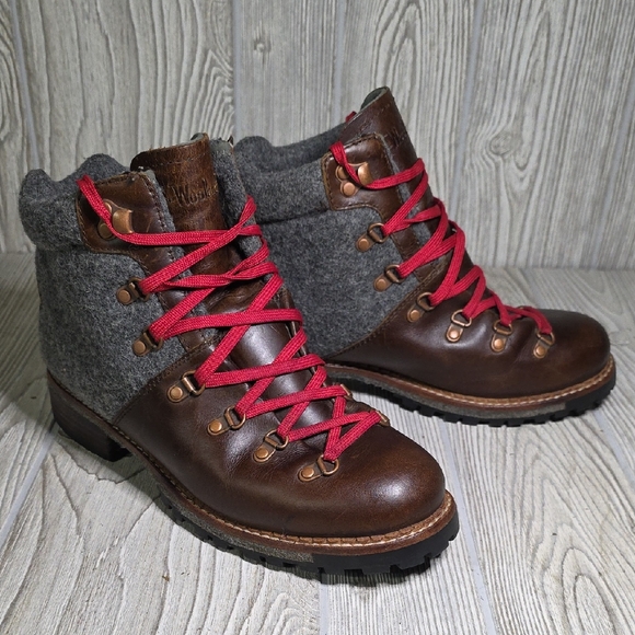 Woolrich Shoes - Woolrich Rockies Brown Full Grain Leather Grey Wool Hiking Boots Womens Size 9